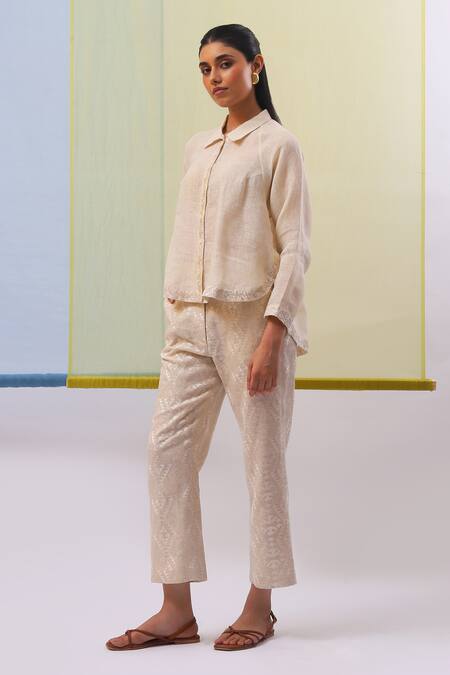 Shop Sue Mue Beige Linen Embroidery Shawl Neck Aami Gara High-low Shirt With Pant Online at Aza Fashions Shop_Sue Mue_Beige Linen Embroidery Shawl Neck Aami Gara High-low Shirt With Pant _Online_at_Aza_Fashions