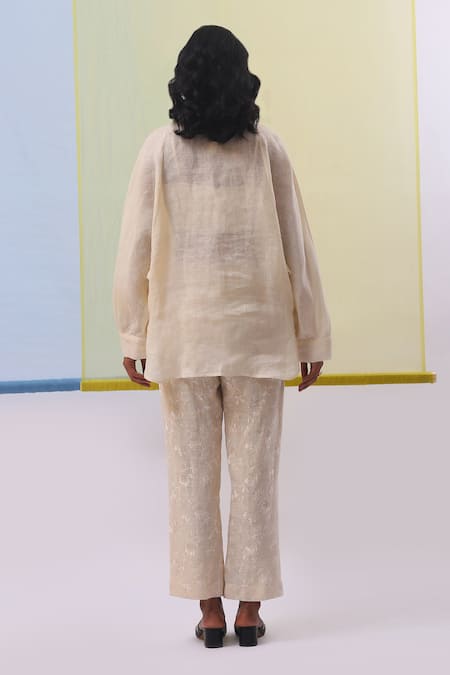 Shop_Sue Mue_Beige Linen Embroidery, Applique Shawl Neck Fana Floral Shirt With Pant _at_Aza_Fashions