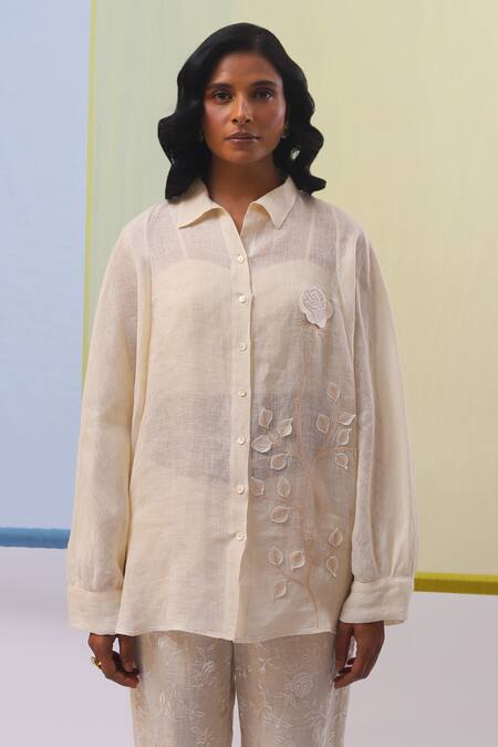 Sue Mue_Beige Linen Embroidery, Applique Shawl Neck Fana Floral Shirt With Pant _Online_at_Aza_Fashions