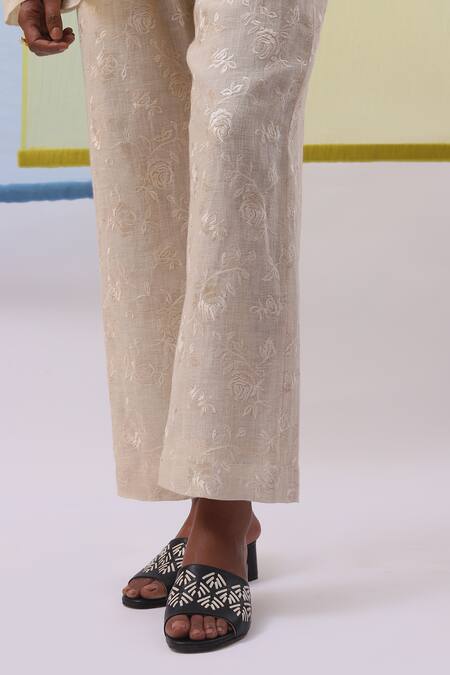 Buy_Sue Mue_Beige Linen Embroidery, Applique Shawl Neck Fana Floral Shirt With Pant _Online_at_Aza_Fashions