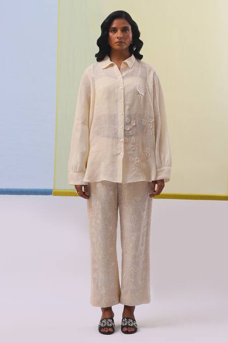 Shop_Sue Mue_Beige Linen Embroidery, Applique Shawl Neck Fana Floral Shirt With Pant _Online_at_Aza_Fashions