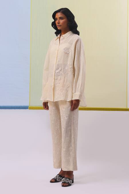 Sue Mue_Beige Linen Embroidery, Applique Shawl Neck Fana Floral Shirt With Pant _at_Aza_Fashions