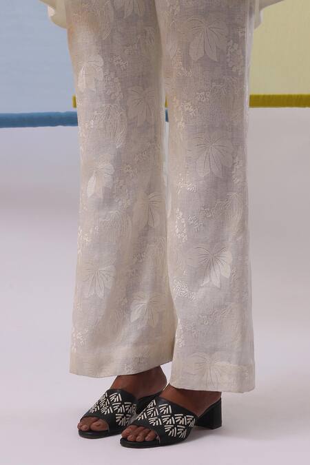 Shop Sue Mue Off White Linen Embroidery Mandarin Collar Diwa Floral Tunic With Pant Online at Aza Fashions Shop_Sue Mue_Off White Linen Embroidery Mandarin Collar Diwa Floral Tunic With Pant _Online_at_Aza_Fashions