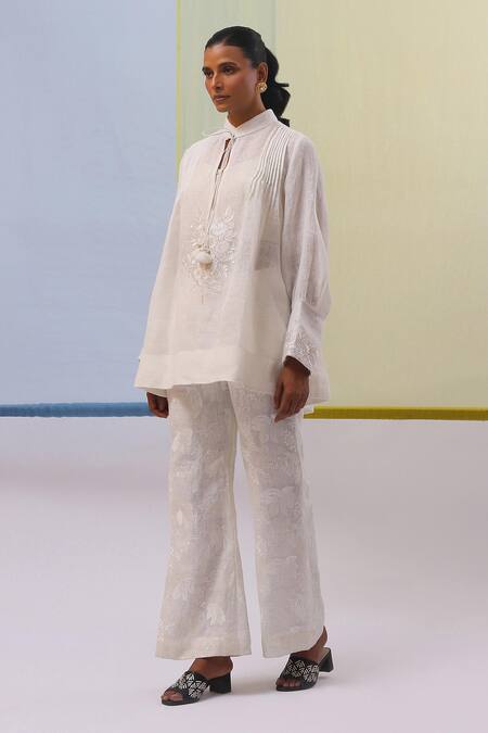 Buy Sue Mue Off White Linen Embroidery Mandarin Collar Diwa Floral Tunic With Pant Buy_Sue Mue_Off White Linen Embroidery Mandarin Collar Diwa Floral Tunic With Pant