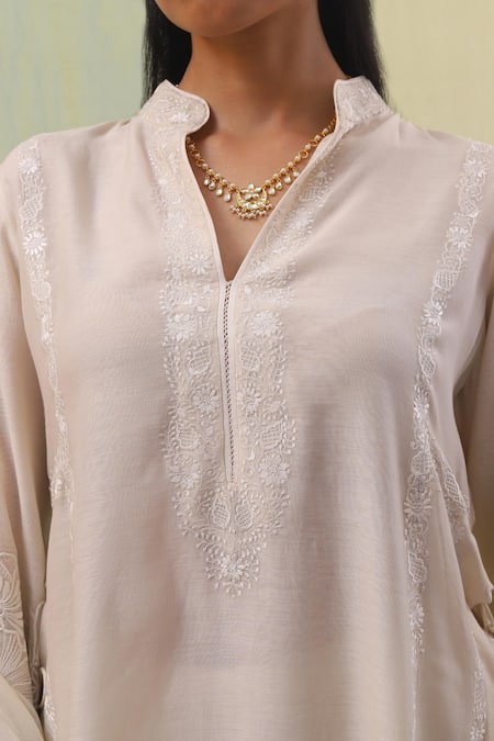 Sue Mue Off White Chanderi, Cotton Embroidery Mandarin Shazi Floral Kurta Pant Set Online at Aza Fashions Sue Mue_Off White Chanderi, Cotton Embroidery Mandarin Shazi Floral Kurta Pant Set _Online_at_Aza_Fashions