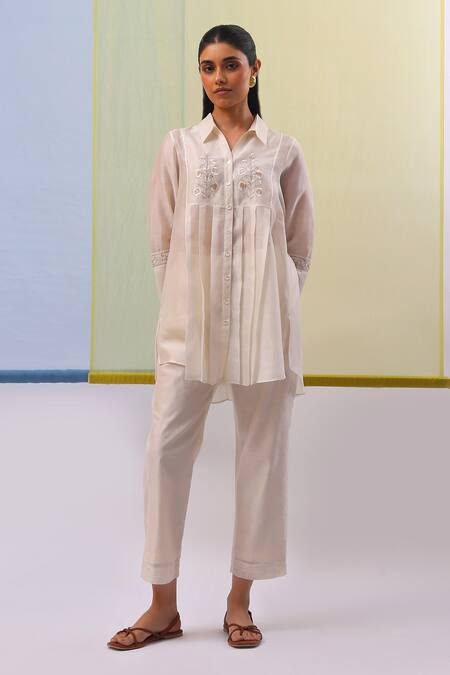 Buy Sue Mue Off White , Cotton, Leen Bloom Gara Pleated Tunic With Pant Online at Aza Fashions Buy_Sue Mue_Off White , Cotton, Leen Bloom Gara Pleated Tunic With Pant _Online_at_Aza_Fashions
