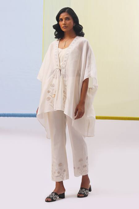 Buy Sue Mue Off White , Cotton Embroidery Open Daisy Kimono Top Pant Set Online at Aza Fashions Buy_Sue Mue_Off White , Cotton Embroidery Open Daisy Kimono Top Pant Set _Online_at_Aza_Fashions