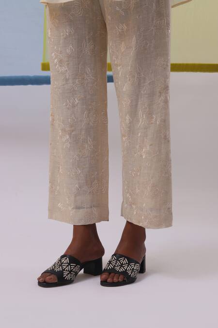 Buy Sue Mue Beige Linen Embroidery Collared Naima Gul Pure Tunic With Pant Online at Aza Fashions Buy_Sue Mue_Beige Linen Embroidery Collared Naima Gul Pure Tunic With Pant _Online_at_Aza_Fashions