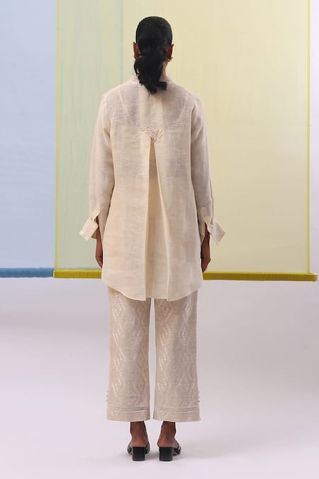 Shop Sue Mue Beige Linen Embroidery V-neck Warda Gulshan Pure Tunic Pant Set at Aza Fashions Shop_Sue Mue_Beige Linen Embroidery V-neck Warda Gulshan Pure Tunic Pant Set _at_Aza_Fashions