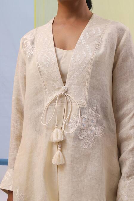 Sue Mue Beige Linen Embroidery V-neck Warda Gulshan Pure Tunic Pant Set Online at Aza Fashions Sue Mue_Beige Linen Embroidery V-neck Warda Gulshan Pure Tunic Pant Set _Online_at_Aza_Fashions