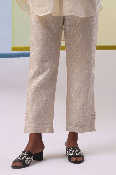 Buy Sue Mue Beige Linen Embroidery V-neck Warda Gulshan Pure Tunic Pant Set Online at Aza Fashions Buy_Sue Mue_Beige Linen Embroidery V-neck Warda Gulshan Pure Tunic Pant Set _Online_at_Aza_Fashions