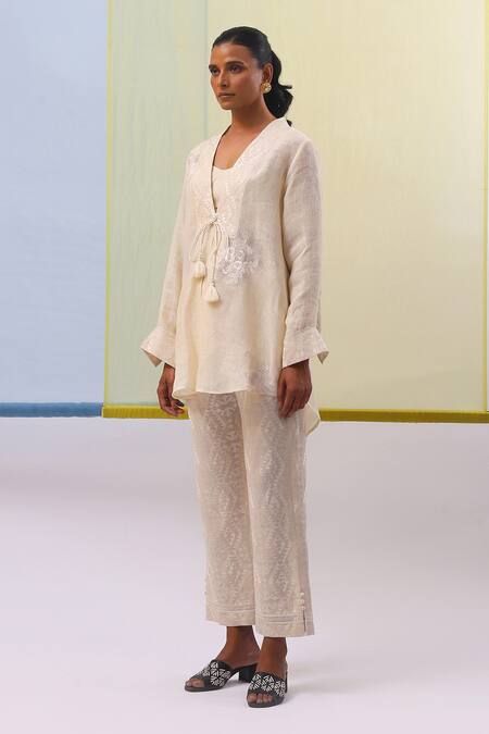 Shop Sue Mue Beige Linen Embroidery V-neck Warda Gulshan Pure Tunic Pant Set Online at Aza Fashions Shop_Sue Mue_Beige Linen Embroidery V-neck Warda Gulshan Pure Tunic Pant Set _Online_at_Aza_Fashions