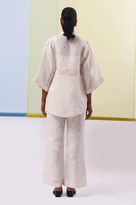 Shop Sue Mue Off White Linen Embroidery Collared Eshal Rose Tunic With Pant at Aza Fashions Shop_Sue Mue_Off White Linen Embroidery Collared Eshal Rose Tunic With Pant _at_Aza_Fashions