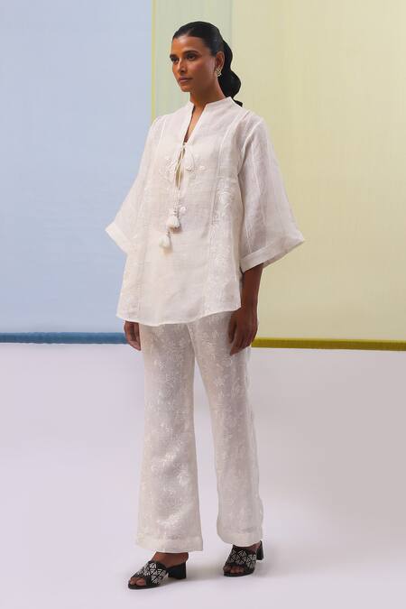 Buy Sue Mue Off White Linen Embroidery Collared Eshal Rose Tunic With Pant Online at Aza Fashions Buy_Sue Mue_Off White Linen Embroidery Collared Eshal Rose Tunic With Pant _Online_at_Aza_Fashions