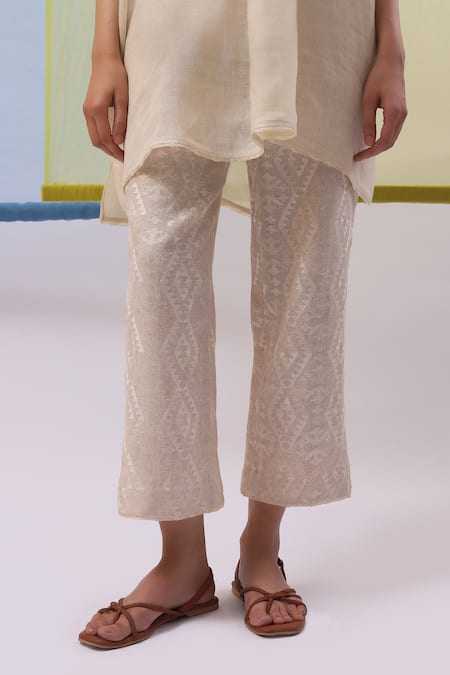 Sue Mue_Beige Linen Embroidery High Neck Ifra Patri And Geometric Thread Tunic With Pant _Online_at_Aza_Fashions