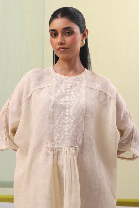 Buy_Sue Mue_Beige Linen Embroidery High Neck Ifra Patri And Geometric Thread Tunic With Pant _Online_at_Aza_Fashions