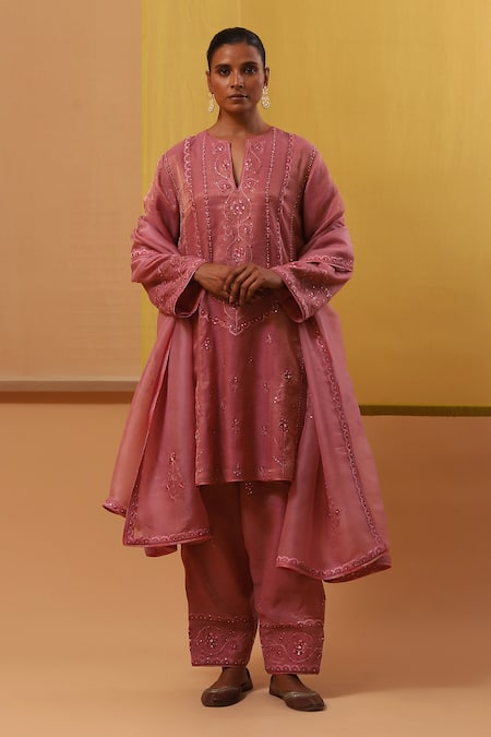 Sue Mue Pink Handwoven Cotton Tissue Embroidery Thread Isbah Gullista Kurta Set 