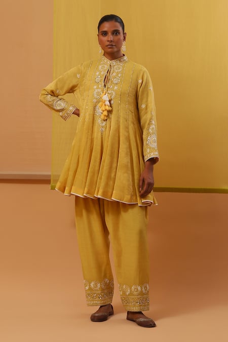 Sue Mue Yellow Silk Organza, Handloom Cotton Sequins, Embroidery Gulbahar Anarkali Set Online at Aza Fashions Sue Mue_Yellow Silk Organza, Handloom Cotton Sequins, Embroidery Gulbahar Anarkali Set _Online_at_Aza_Fashions