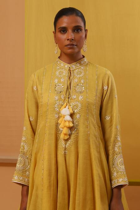 Buy Sue Mue Yellow Silk Organza, Handloom Cotton Sequins, Embroidery Gulbahar Anarkali Set Online at Aza Fashions Buy_Sue Mue_Yellow Silk Organza, Handloom Cotton Sequins, Embroidery Gulbahar Anarkali Set _Online_at_Aza_Fashions