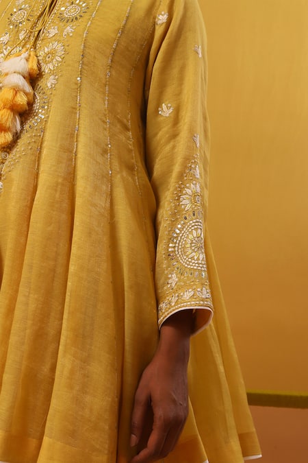 Shop Sue Mue Yellow Silk Organza, Handloom Cotton Sequins, Embroidery Gulbahar Anarkali Set Online at Aza Fashions Shop_Sue Mue_Yellow Silk Organza, Handloom Cotton Sequins, Embroidery Gulbahar Anarkali Set _Online_at_Aza_Fashions