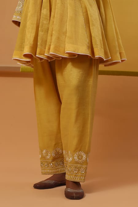 Sue Mue Yellow Silk Organza, Handloom Cotton Sequins, Embroidery Gulbahar Anarkali Set at Aza Fashions Sue Mue_Yellow Silk Organza, Handloom Cotton Sequins, Embroidery Gulbahar Anarkali Set _at_Aza_Fashions