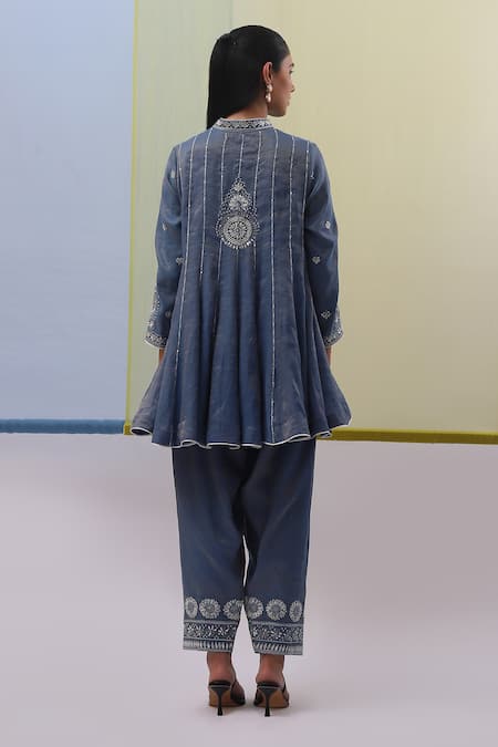 Shop Sue Mue Blue Silk Organza, Handloom Cotton Sequins, And Off White Phoolista Anarkali Set at Aza Fashions Shop_Sue Mue_Blue Silk Organza, Handloom Cotton Sequins, And Off White Phoolista Anarkali Set _at_Aza_Fashions