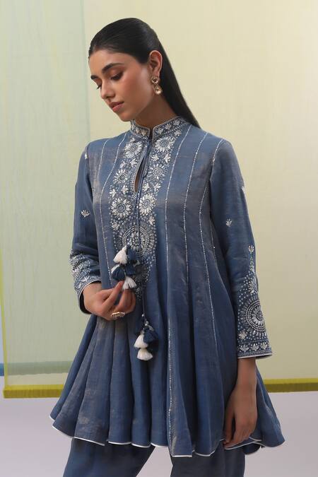 Sue Mue Blue Silk Organza, Handloom Cotton Sequins, And Off White Phoolista Anarkali Set Online at Aza Fashions Sue Mue_Blue Silk Organza, Handloom Cotton Sequins, And Off White Phoolista Anarkali Set _Online_at_Aza_Fashions