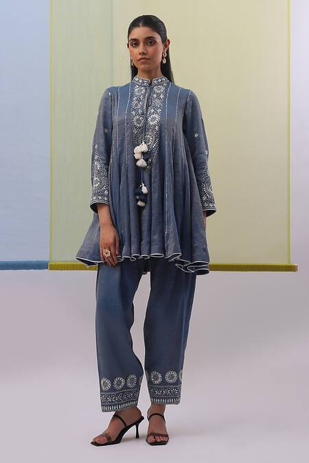 Shop Sue Mue Blue Silk Organza, Handloom Cotton Sequins, And Off White Phoolista Anarkali Set Online at Aza Fashions Shop_Sue Mue_Blue Silk Organza, Handloom Cotton Sequins, And Off White Phoolista Anarkali Set _Online_at_Aza_Fashions