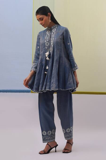 Sue Mue Blue Silk Organza, Handloom Cotton Sequins, And Off White Phoolista Anarkali Set at Aza Fashions Sue Mue_Blue Silk Organza, Handloom Cotton Sequins, And Off White Phoolista Anarkali Set _at_Aza_Fashions