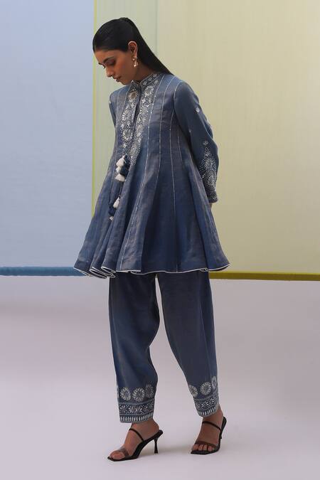 Buy Sue Mue Blue Silk Organza, Handloom Cotton Sequins, And Off White Phoolista Anarkali Set Buy_Sue Mue_Blue Silk Organza, Handloom Cotton Sequins, And Off White Phoolista Anarkali Set