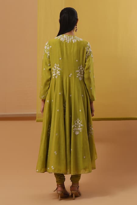 Shop Sue Mue Green Chanderi, Chiffon Sequins, Embroidery V-neck Gara Lime Angarkha Set at Aza Fashions Shop_Sue Mue_Green Chanderi, Chiffon Sequins, Embroidery V-neck Gara Lime Angarkha Set _at_Aza_Fashions