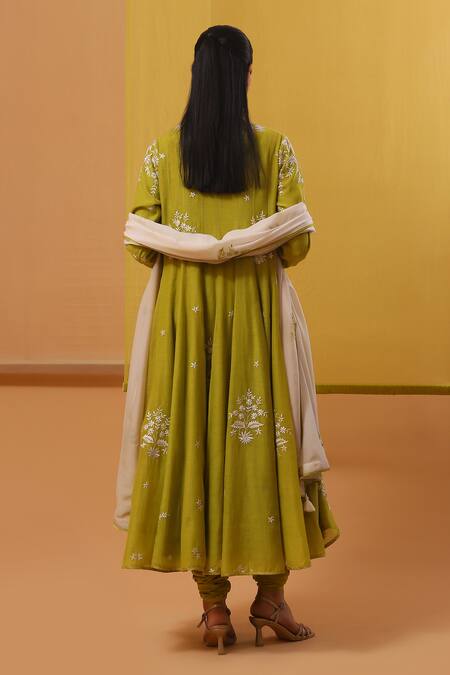 Sue Mue Green Chanderi, Chiffon Sequins, Embroidery V-neck Gara Lime Angarkha Set Online at Aza Fashions Sue Mue_Green Chanderi, Chiffon Sequins, Embroidery V-neck Gara Lime Angarkha Set _Online_at_Aza_Fashions