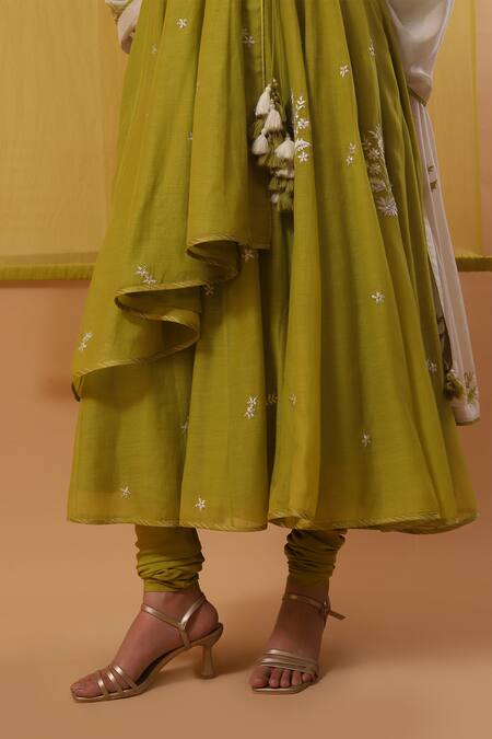 Shop Sue Mue Green Chanderi, Chiffon Sequins, Embroidery V-neck Gara Lime Angarkha Set Online at Aza Fashions Shop_Sue Mue_Green Chanderi, Chiffon Sequins, Embroidery V-neck Gara Lime Angarkha Set _Online_at_Aza_Fashions