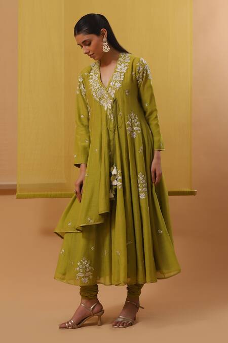 Sue Mue Green Chanderi, Chiffon Sequins, Embroidery V-neck Gara Lime Angarkha Set at Aza Fashions Sue Mue_Green Chanderi, Chiffon Sequins, Embroidery V-neck Gara Lime Angarkha Set _at_Aza_Fashions