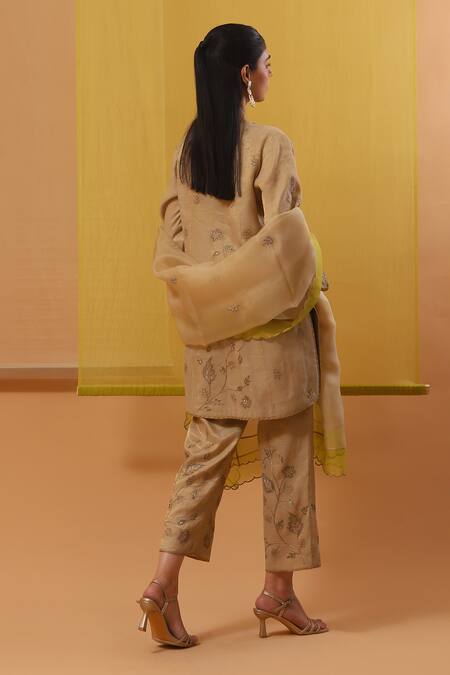Sue Mue Beige Silk Organza, Handloom Cotton Rida Garden Bloom Dori Kurta Pant Set Online at Aza Fashions Sue Mue_Beige Silk Organza, Handloom Cotton Rida Garden Bloom Dori Kurta Pant Set _Online_at_Aza_Fashions