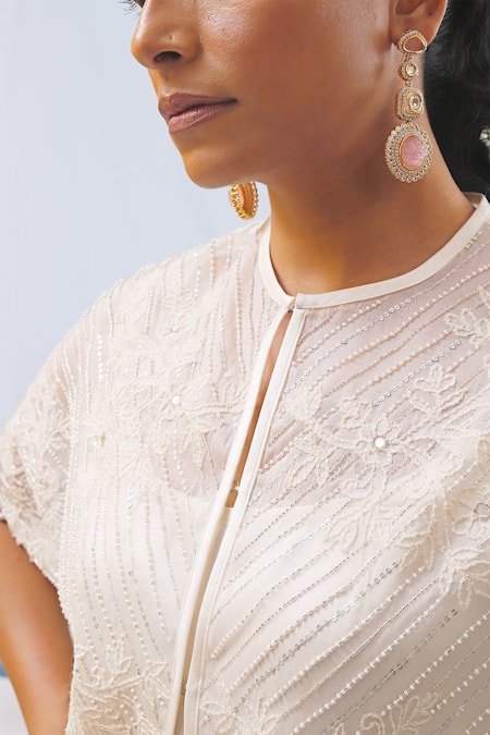 Sue Mue_Off White Silk Satin Pearls Maavi Misty Bloom Embroidered Cape Pant Set _Online_at_Aza_Fashions