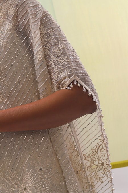 Shop_Sue Mue_Off White Silk Satin Pearls Maavi Misty Bloom Embroidered Cape Pant Set _Online_at_Aza_Fashions