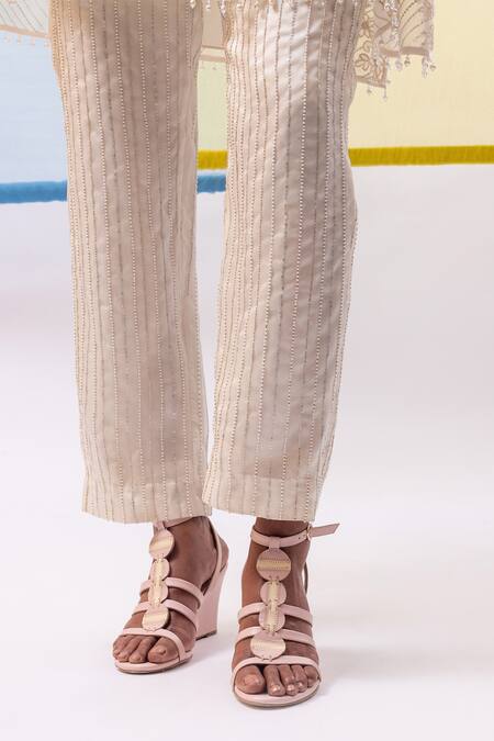 Sue Mue_Off White Silk Satin Pearls Maavi Misty Bloom Embroidered Cape Pant Set _at_Aza_Fashions