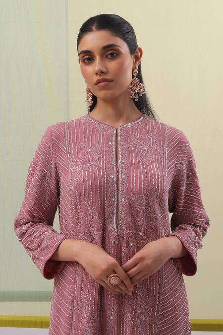 Sue Mue Pink Silk, Georgette, Lycra Pearls, Hana Petunia Embroidered Kurta Set Online at Aza Fashions Sue Mue_Pink Silk, Georgette, Lycra Pearls, Hana Petunia Embroidered Kurta Set _Online_at_Aza_Fashions