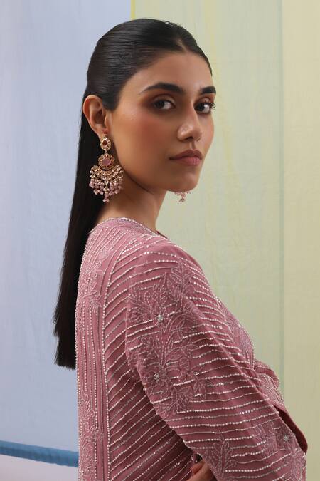 Buy Sue Mue Pink Silk, Georgette, Lycra Pearls, Hana Petunia Embroidered Kurta Set Online at Aza Fashions Buy_Sue Mue_Pink Silk, Georgette, Lycra Pearls, Hana Petunia Embroidered Kurta Set _Online_at_Aza_Fashions
