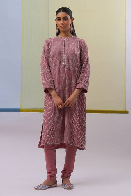 Sue Mue Pink Silk, Georgette, Lycra Pearls, Hana Petunia Embroidered Kurta Set at Aza Fashions Sue Mue_Pink Silk, Georgette, Lycra Pearls, Hana Petunia Embroidered Kurta Set _at_Aza_Fashions