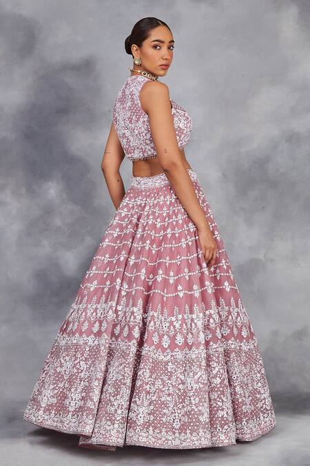 Sue Mue_Pink Silk Organza Mehwish Glory Bloom Thread Embroidered Bridal Lehenga Set _Online_at_Aza_Fashions