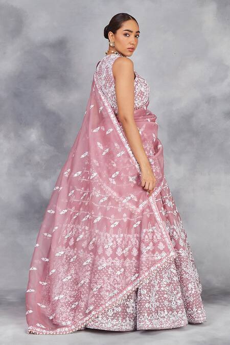 Buy_Sue Mue_Pink Silk Organza Mehwish Glory Bloom Thread Embroidered Bridal Lehenga Set _Online_at_Aza_Fashions