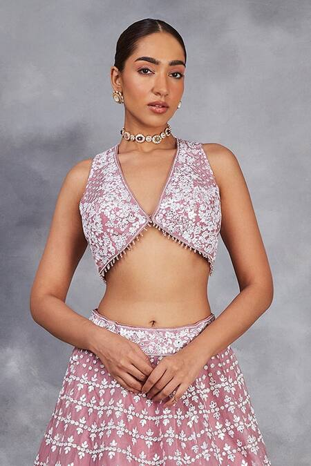 Shop_Sue Mue_Pink Silk Organza Mehwish Glory Bloom Thread Embroidered Bridal Lehenga Set _Online_at_Aza_Fashions