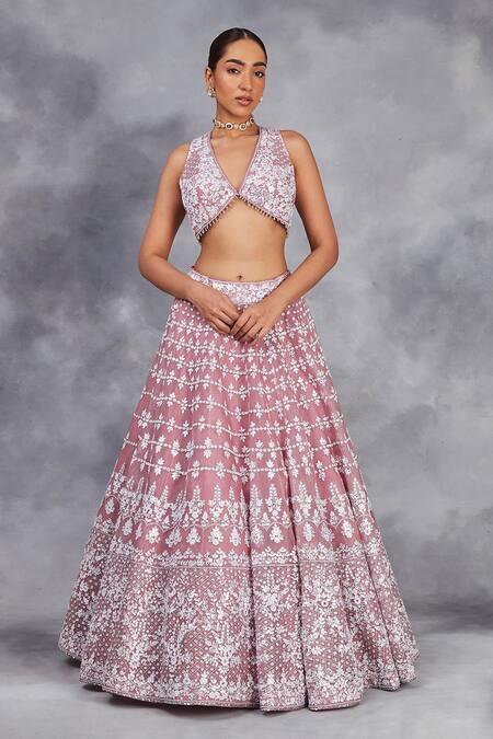 Sue Mue_Pink Silk Organza Mehwish Glory Bloom Thread Embroidered Bridal Lehenga Set _at_Aza_Fashions