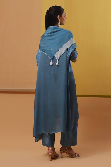 Buy_Sue Mue_Blue Chiffon, Silk , Tassels, Embroidery High Neck Flora Kaftan Set _Online_at_Aza_Fashions
