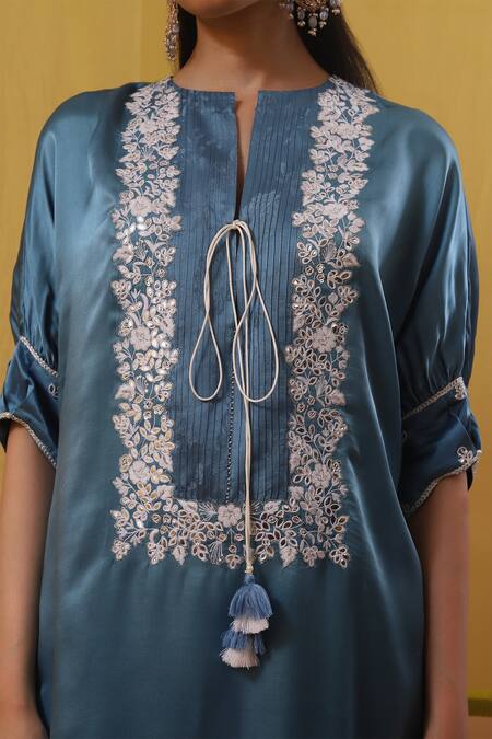 Shop_Sue Mue_Blue Chiffon, Silk , Tassels, Embroidery High Neck Flora Kaftan Set _Online_at_Aza_Fashions