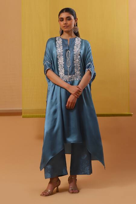 Sue Mue_Blue Chiffon, Silk , Tassels, Embroidery High Neck Flora Kaftan Set _at_Aza_Fashions