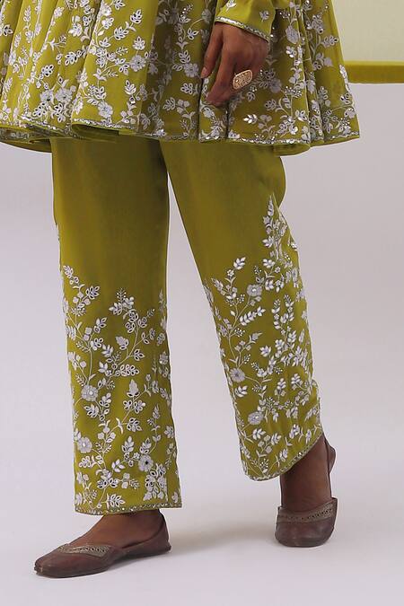 Shop Sue Mue Green Silk Organza, Silk, Georgette Embroidery Boat Ditsy Bloom Anarkali Set Online at Aza Fashions Shop_Sue Mue_Green Silk Organza, Silk, Georgette Embroidery Boat Ditsy Bloom Anarkali Set _Online_at_Aza_Fashions