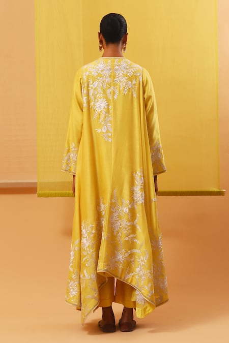 Shop_Sue Mue_Yellow Silk Satin, Silk, Chanderi Embroidery Plunge Thread Jacket Pant Set _at_Aza_Fashions